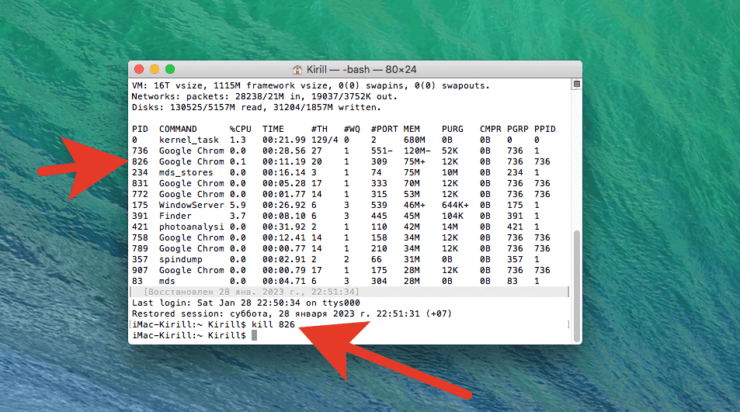 Как закрыть приложение на Макбуке. Вот так отключается процесс с конкретным PID. Фото.