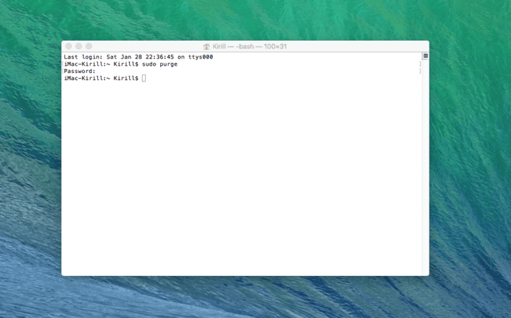 Как очистить оперативную память на Макбуке. После ввода команды придется ввести пароль. Фото.