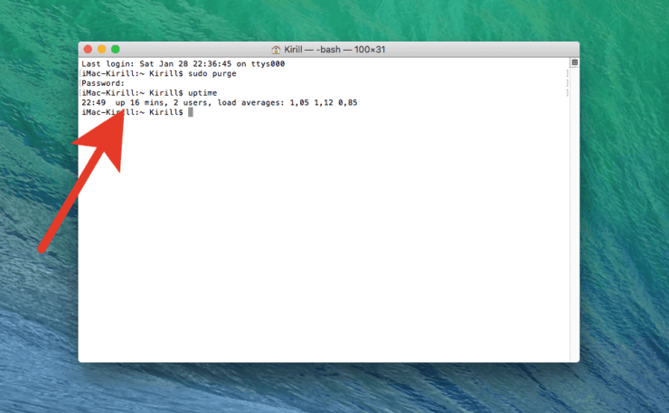 Сколько включен Макбук. Команда показывает, сколько времени к настоящему моменту включен компьютер. Фото.
