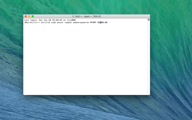 Автозапуск Макбука. Вот такая команда устанавливает включение компьютера по будням в 9 утра. Фото.