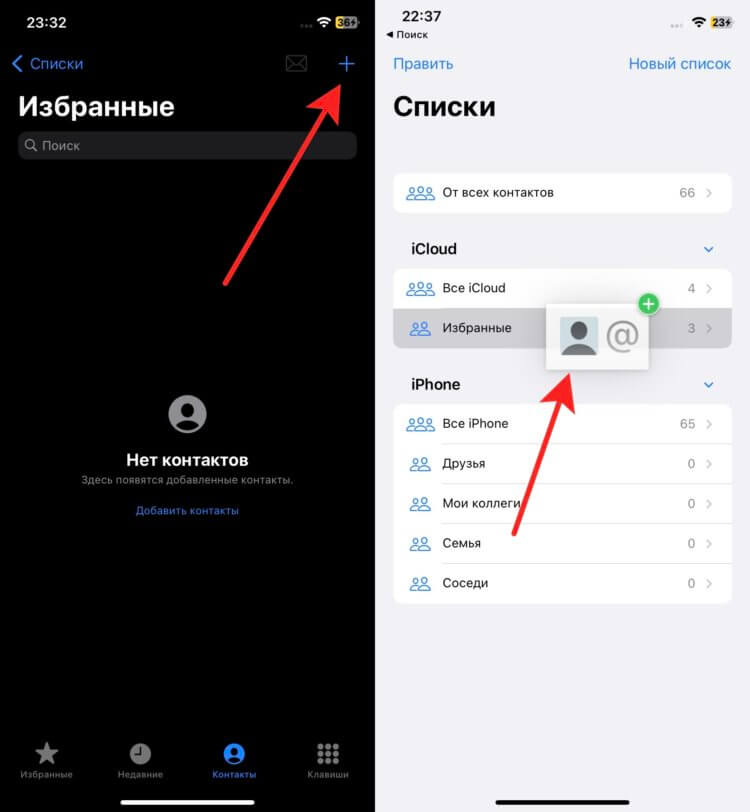 Списки контактов на Айфоне. Контакты легко перемещать между списками перетаскиванием. Фото.