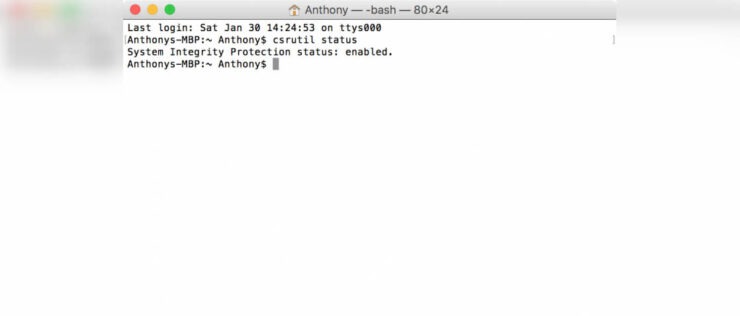 Как отключить SIP в Mac OS. Вот так выглядит запрос на статус защиты в Терминале. Фото.