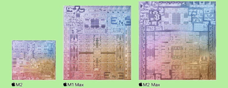 Сравнение Apple M1 Max и M2 Max. M2 Max существенно больше базового M2 и немного опережает M1 Max. Фото.
