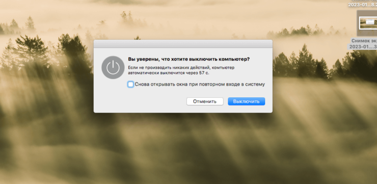 Как выключить Мак. Снимите лишнюю галочку при выключении. Фото.