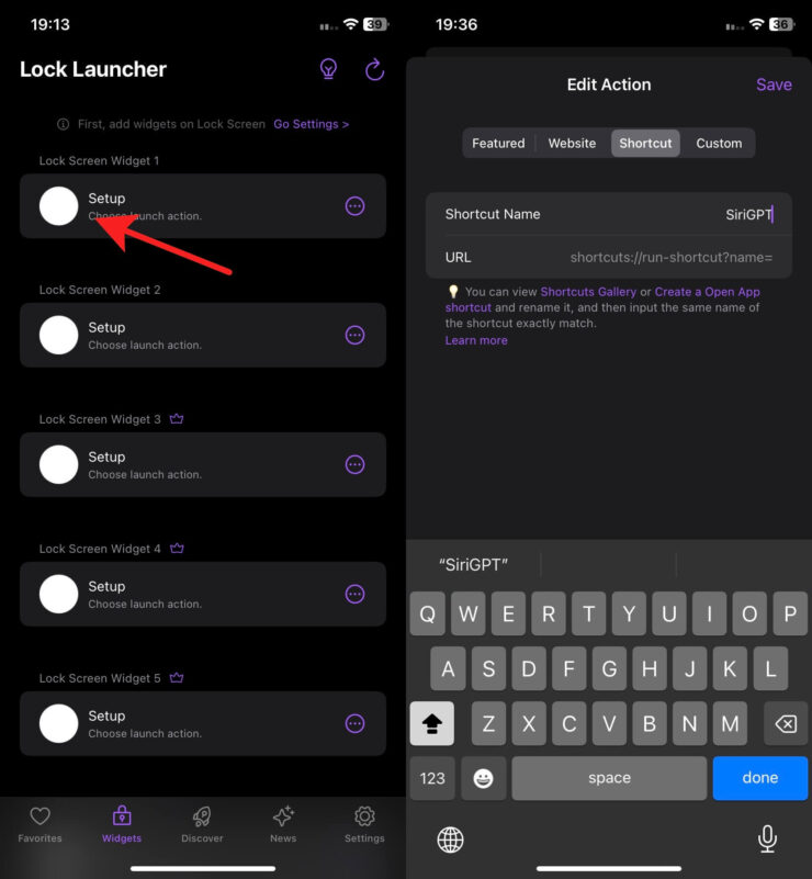 Приложения на экране блокировки Айфона. Можно создать несколько ярлыков для разных команд. Фото.