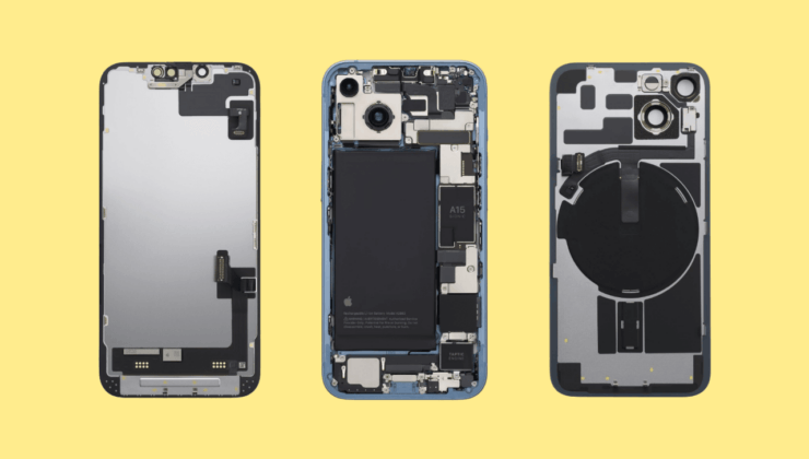 Процессор в Айфон 14. iPhone 14 можно разобрать вот так, просто раскрутив болтики. Задняя панель iPhone 13 Pro намертво приклеена к корпусу, и получить доступ внутрь очень сложно. Фото.