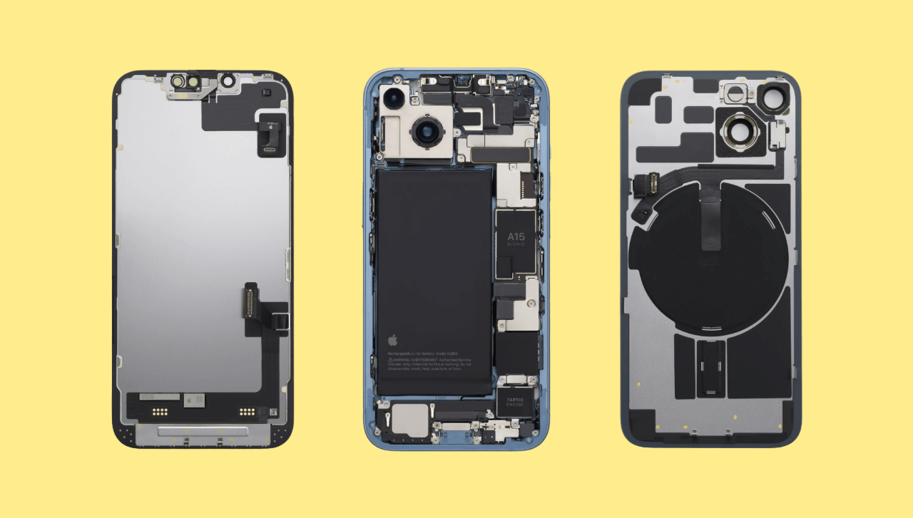iPhone 14 можно разобрать вот так, просто раскрутив болтики. Задняя панель iPhone 13 Pro намертво приклеена к корпусу, и получить доступ внутрь очень сложно. Фото.