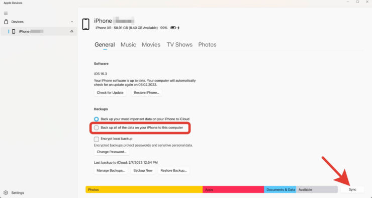 Резервная копия Айфона на компьютере. Переключите на копирование на компьютер и синхронизируйте данные. Фото.