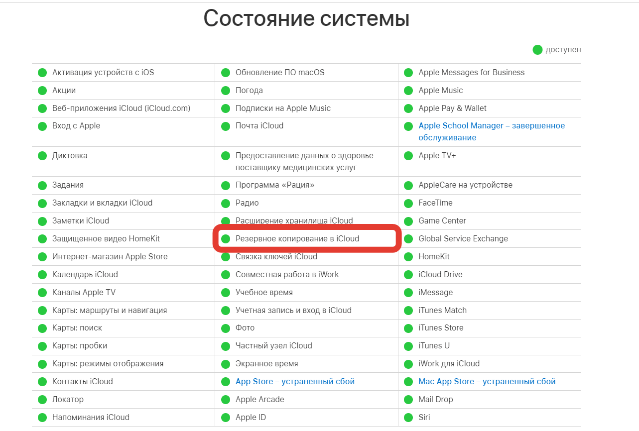 Здесь видны все онлайн-сервисы Apple и их состояние. Фото.