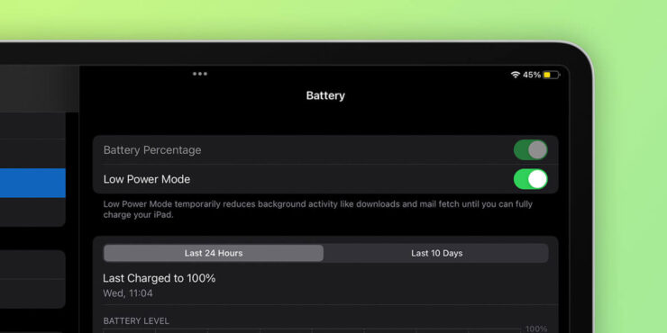Режим энергосбережения на iPad включается как на Айфоне. Фото.