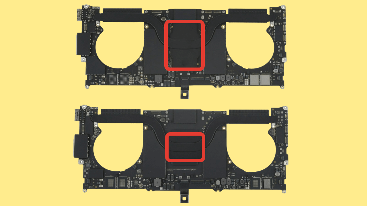 Сверху радиатор MacBook Pro M1 Pro, снизу — MacBook Pro M2 Pro. Фото.