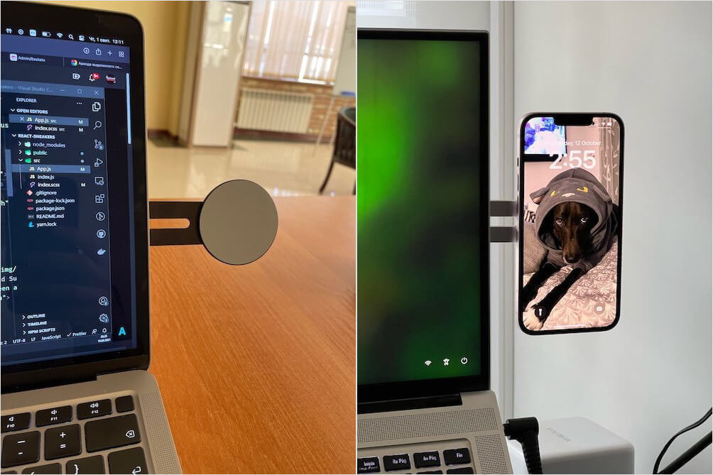 Крепление для Айфона на монитор. Смартфон не будет работать как второй монитор, но держаться будет на отлично. Фото.