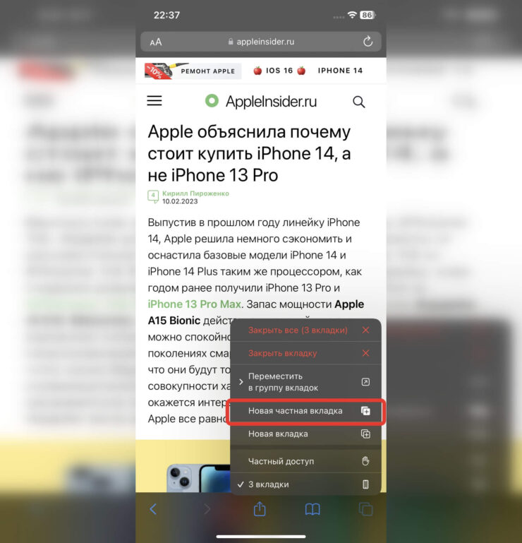 Так частную вкладку можно открыть еще быстрее. Фото.
