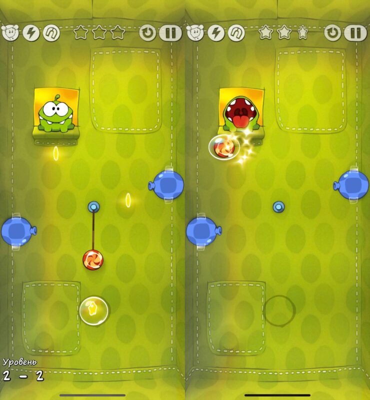 Cut the Rope — полная версия. С помощью мыльного пузыря можно поднять леденец наверх и собрать все звезды. Фото.