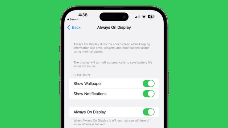 Раньше переключатель AOD располагался над кнопками обоев и уведомлений. Фото.