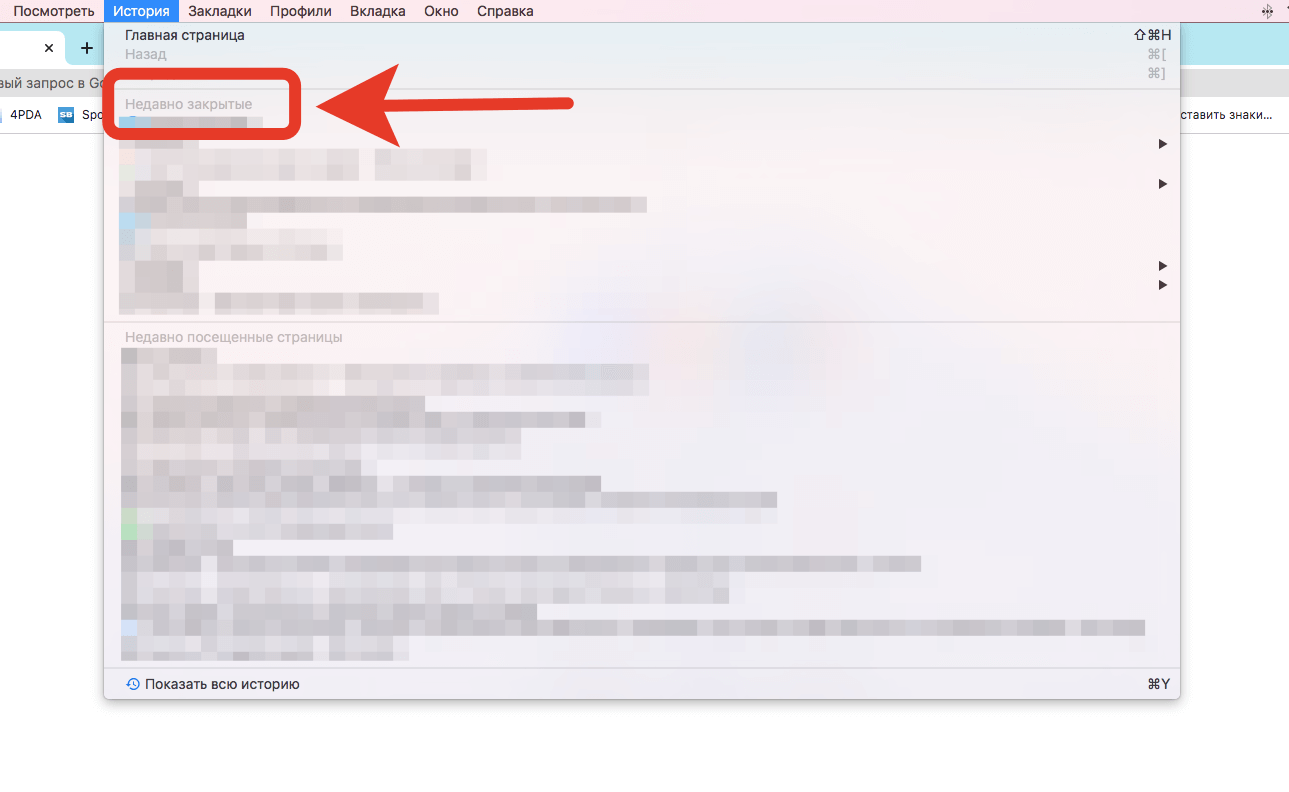 А вот здесь можно посмотреть весь список закрытых вкладок. Фото.