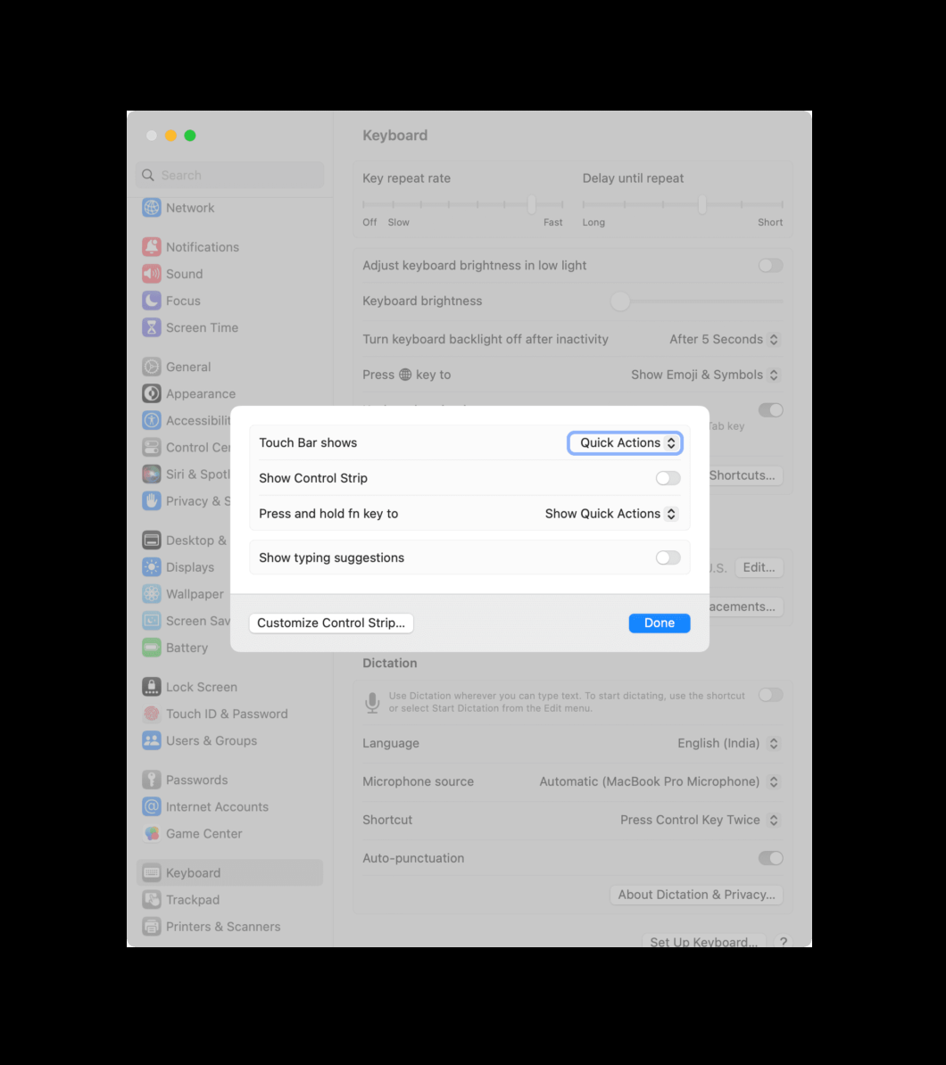 Быстрые действия уберут с тачбара все лишнее. Фото.