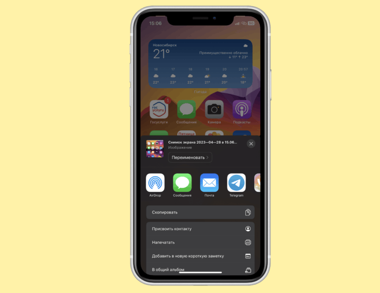 При удержании миниатюры перед вами появится обычное меню “Поделиться”. Фото.