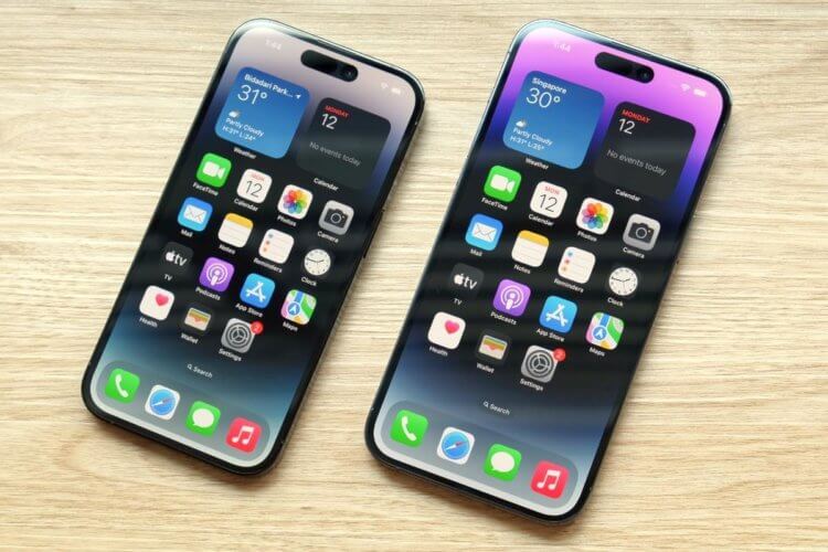 Сравнение iPhone 14 Pro и iPhone 14 Pro Max. На этой фотографии хорошо видна разница в размерах iPhone 14 Pro и iPhone 14 Pro Max. Фото.