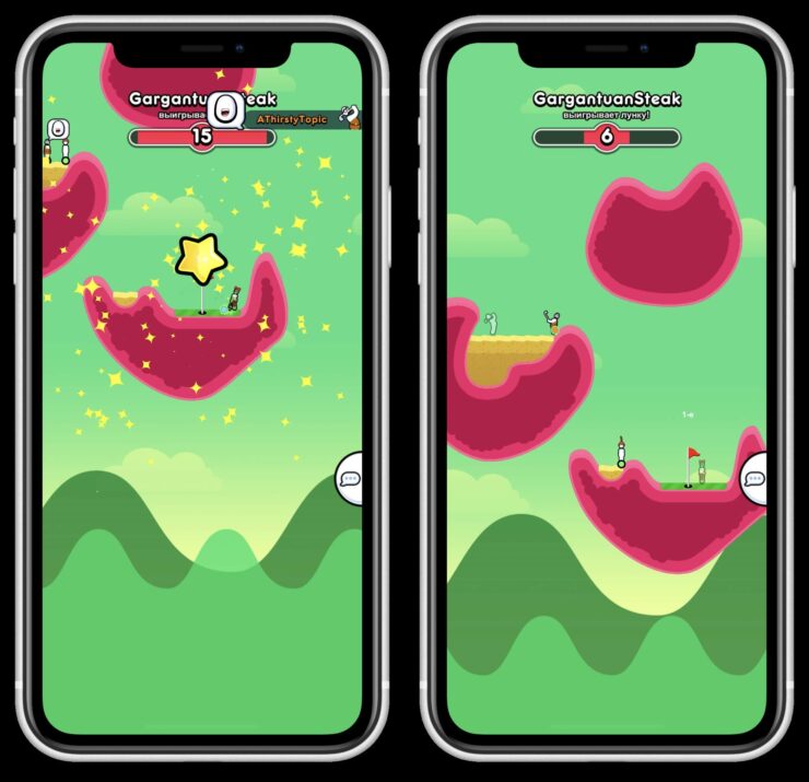 Скачать гольф на телефон. Кто первый добил мяч до лунки с флажком, тот и выиграл. Фото.