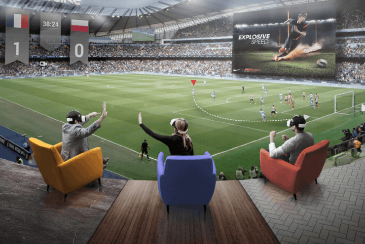 Можно собраться компанией дома и благодаря VR-шлему Apple переместиться на стадион. Фото.