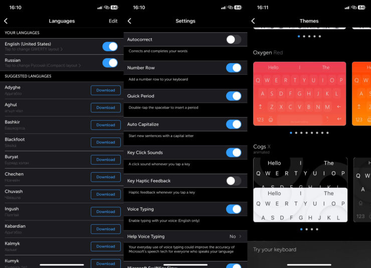 Какую клавиатуру скачать на Айфон. Поддерживается большое количество языков, тем оформления и дополнительных настроек. Еще бы русский язык интерфейса, и была бы бомба. Фото.