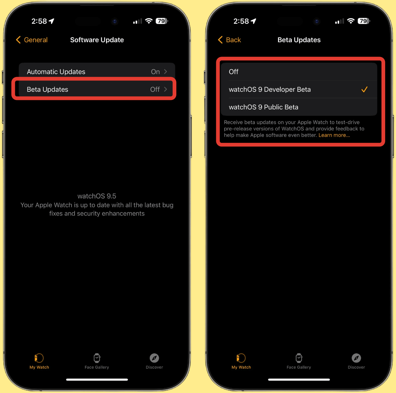 Вот так выглядит выбор бета-версии для watchOS, начиная с версии 9.5. Фото.