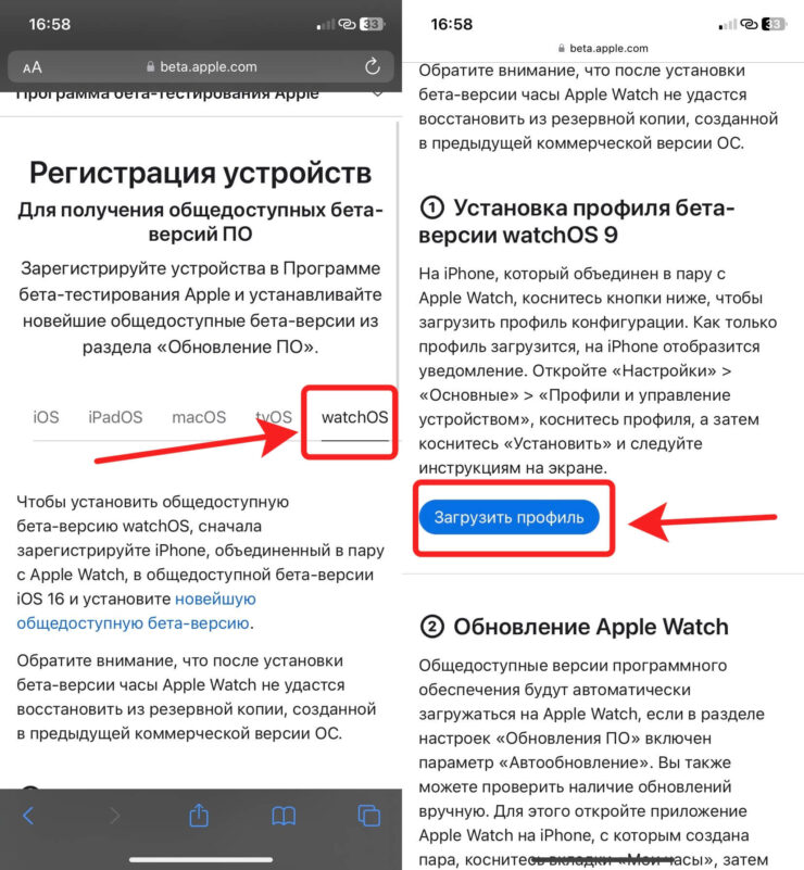 Не забудьте переключиться на watchOS, иначе скачаете профиль для iOS. Фото.