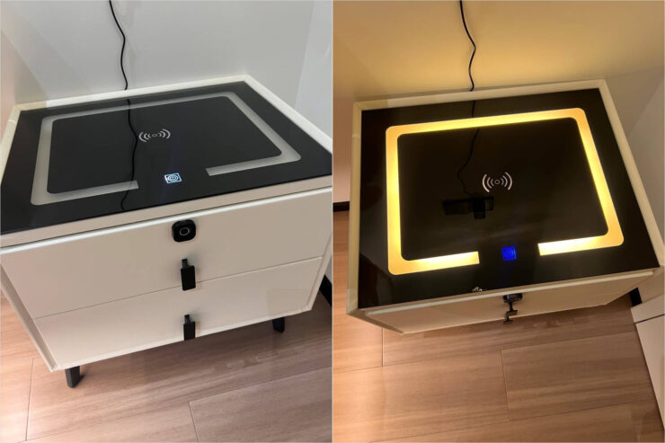 Прикроватная тумбочка с беспроводной зарядкой. Эта тумбочка даже открывается по отпечатку пальца. Прикроватная тумбочка с беспроводной зарядкой. Эта тумбочка даже открывается по отпечатку пальца. Фото.