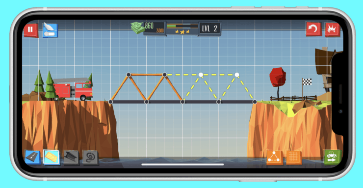Игра где строить мосты. Необходимо не только прокладывать дорогу, но и устанавливать опоры. Фото.