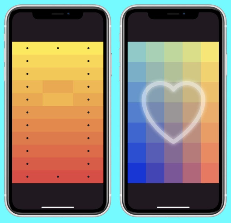 Игра I Love Hue. Когда вы пройдете очередной раунд на экране высветится сердце. Фото.