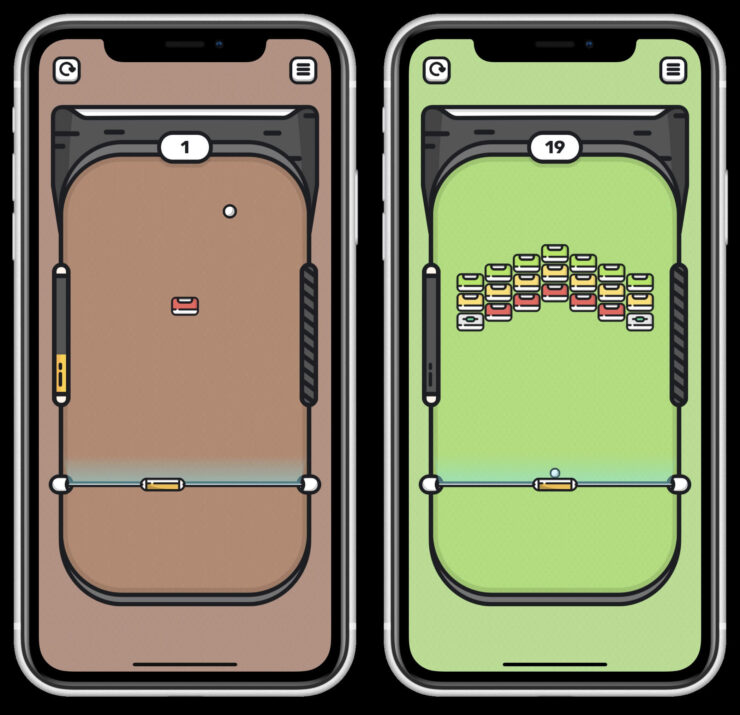 Игра в шарик на Айфон. Для прохождения раунда необходимо попасть во все контейнеры. Фото.