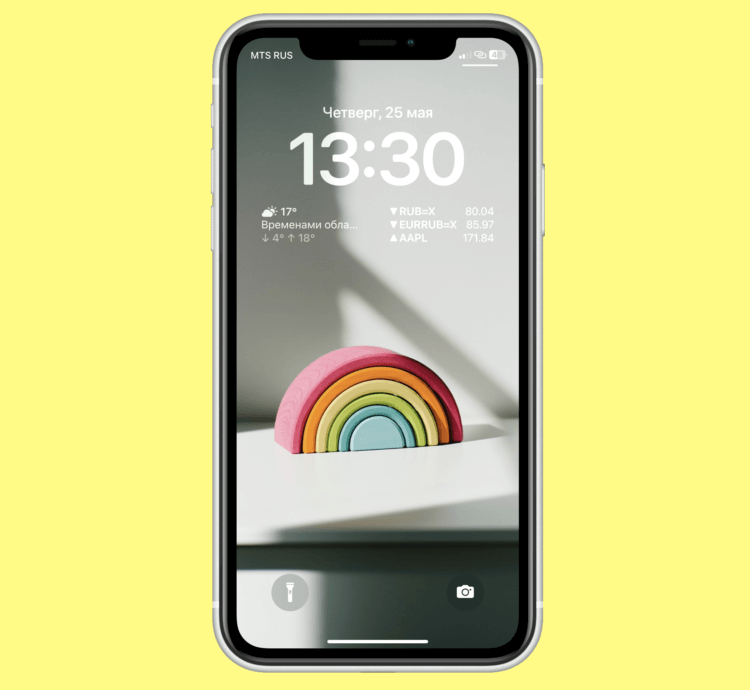 Widgets on the iPhone lock screen.  When rotated to landscape mode and placed on the stand, the screen saver will turn off, and only widgets and smart home buttons will remain on the desktop.  Photo.