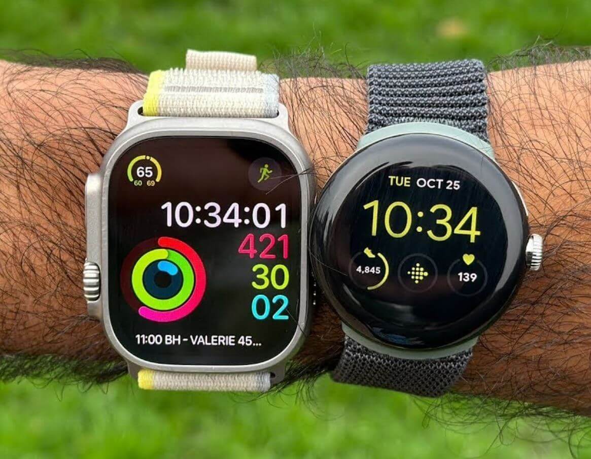 Estojo protetor para Apple Watch.  O Apple Watch Ultra é muito maior em tamanho do que o mesmo Pixel Watch.  Foto.