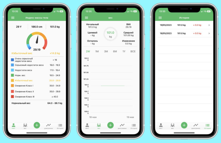 В BMI Calculator данные об ИМТ отображаются более наглядно. Фото.