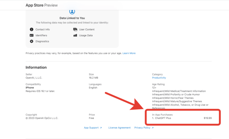 Как купить ChatGPT Plus. Стоимость подписки через приложение такое же, как и через сайт. Фото.