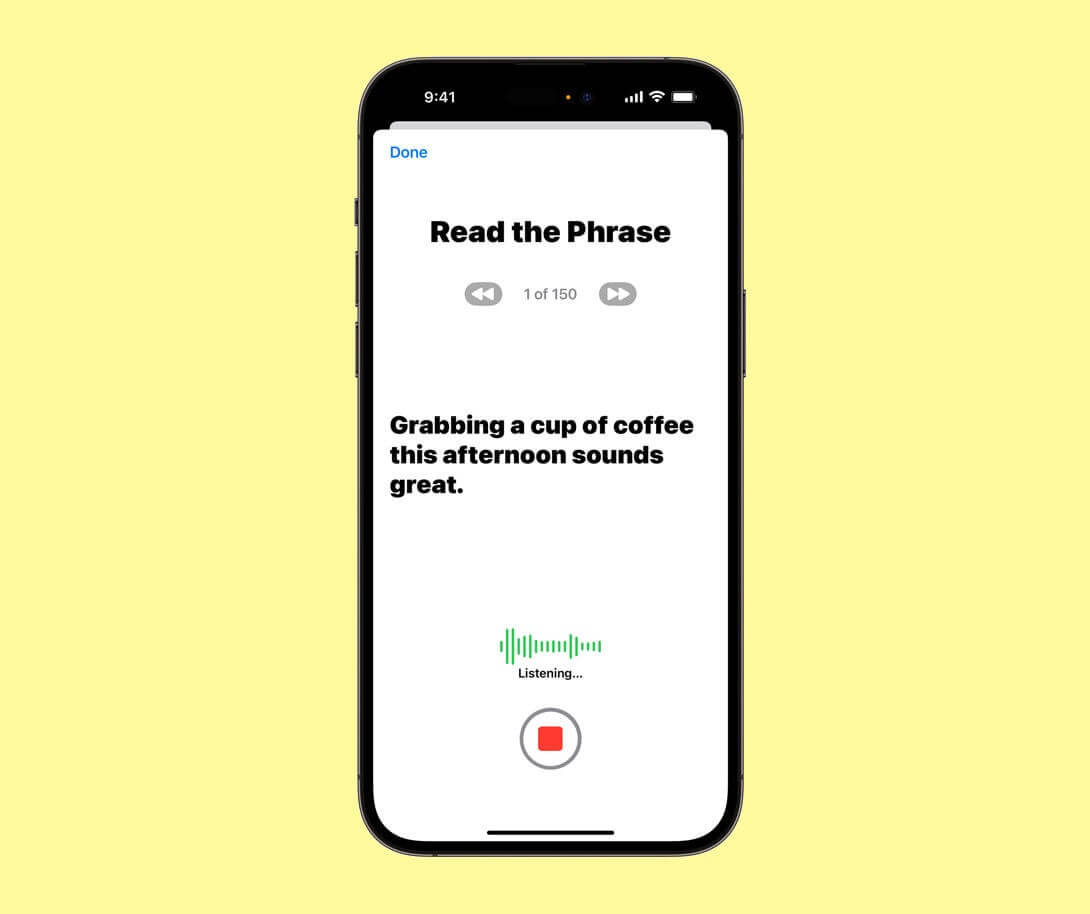 Пользователю надо будет зачитать 150 фраз и с помощью этого iPhone сгенерирует похожий голос. Фото.
