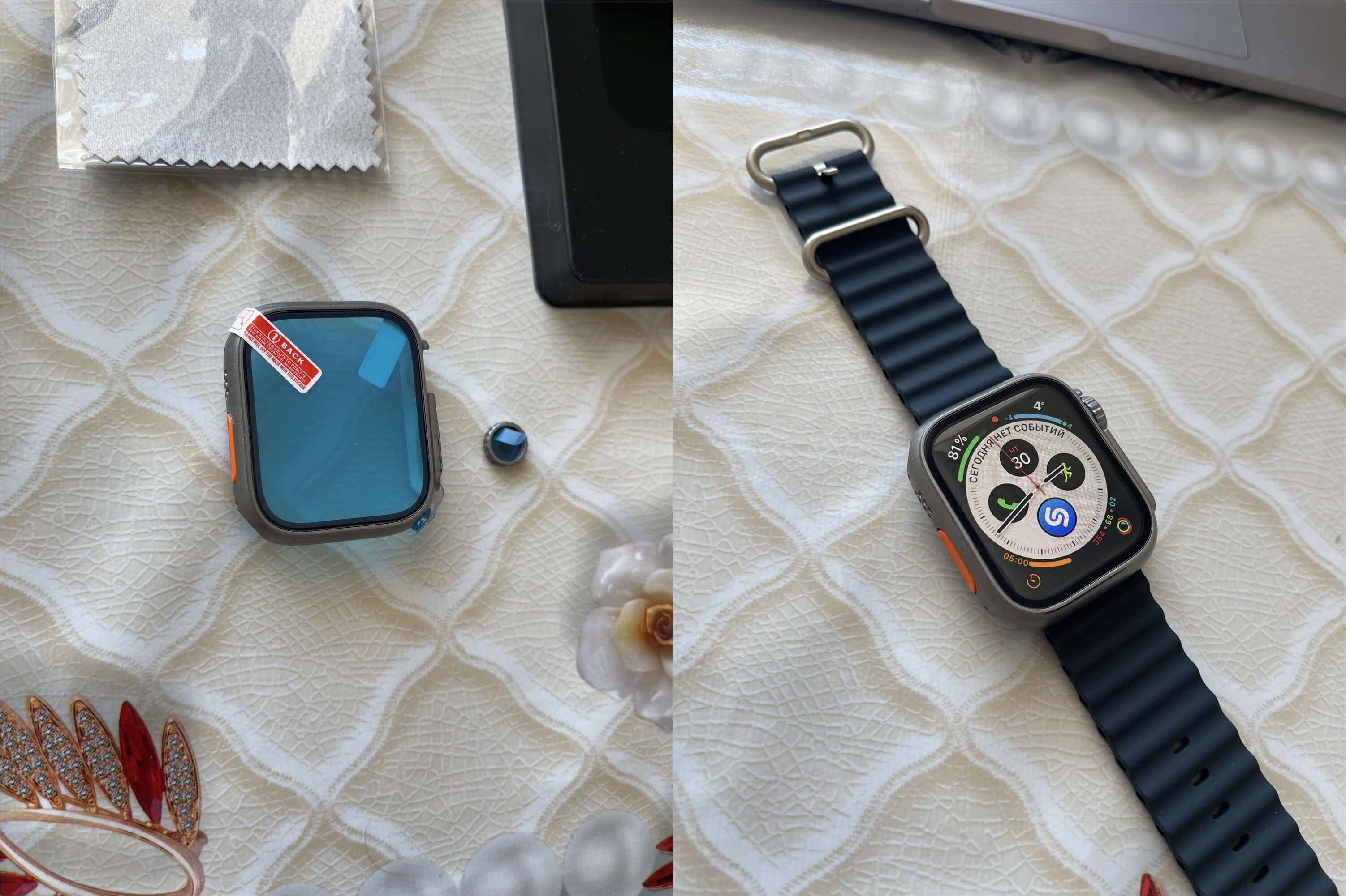 Estojo protetor para Apple Watch.  A sobreposição é colocada na cápsula do Apple Watch e ao mesmo tempo protege a tela de arranhões.  Foto.