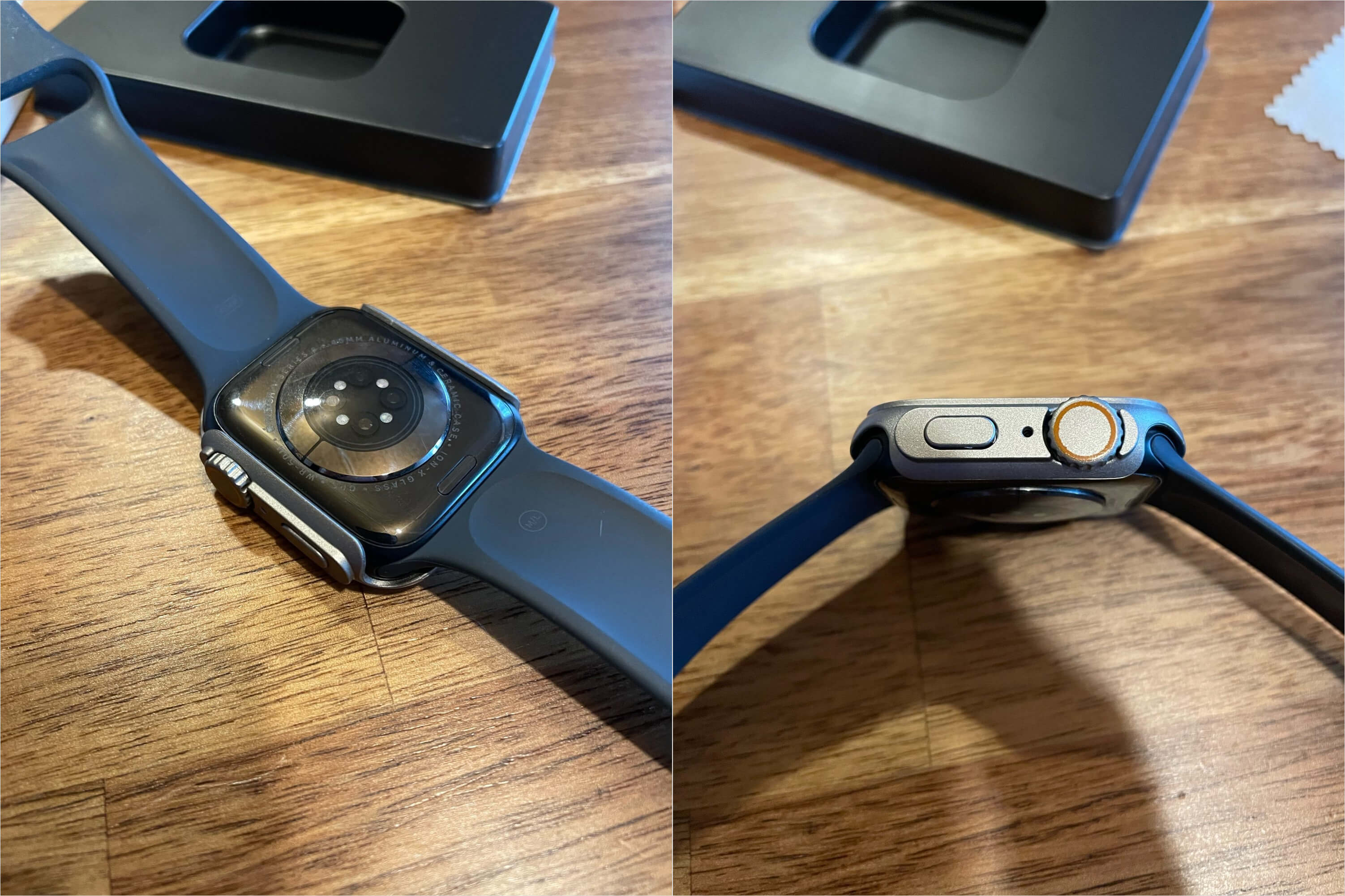 Protective case for Apple Watch.  Despite the similarity of the protective case with the Apple Watch Ultra, you can still see the case of a regular watch from below.  Photo.