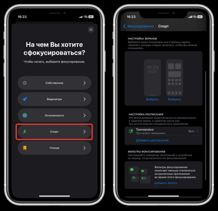 Как включить “Не беспокоить” на Айфоне. По умолчанию это фокусирование включается с началом тренировки. Фото.