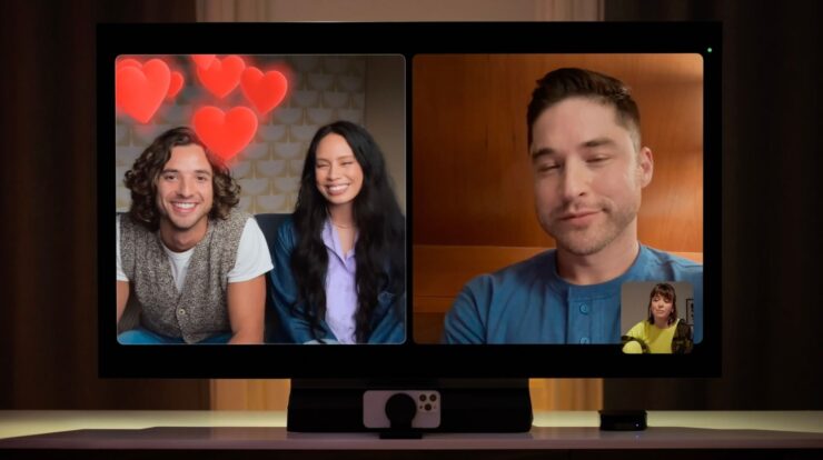 Реакции FaceTime в iOS 17. Отправить вот такие сердечки во время звонка FaceTime получится только на свежих Айфонах. Фото.