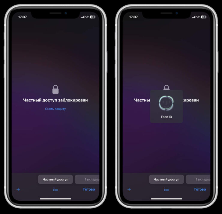 Вход в Частный доступ возможен только с Face ID или Touch ID. Фото.