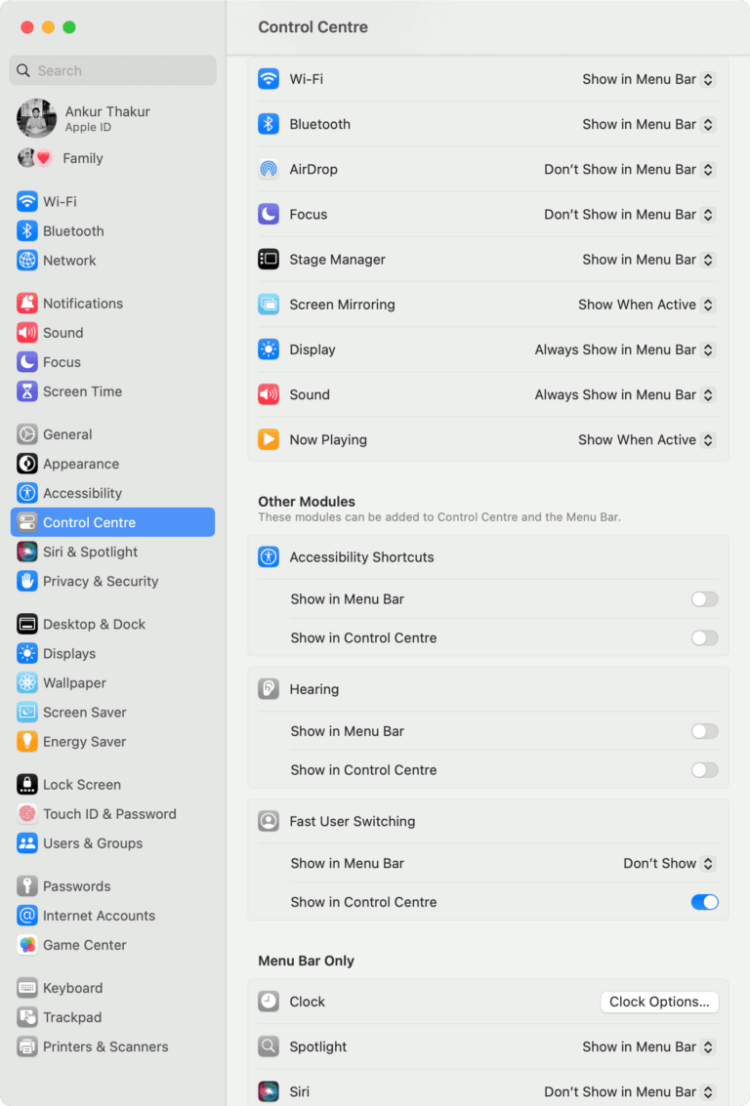 Строка меню в Mac OS. В macOS Ventura все настройки строки меню находятся в одном месте. Фото.