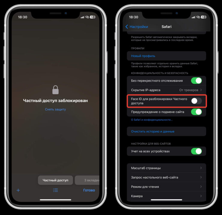 Как заблокировать режим инкогнито. Face ID для входа в Частный доступ можно легко выключить. Фото.