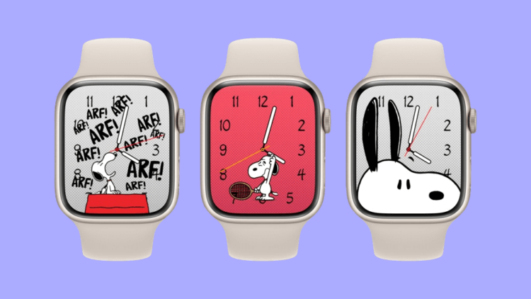 Новые циферблаты для Apple Watch. В отличие от Микки Мауса, у Снупи много разных эмоций и действий. Фото.