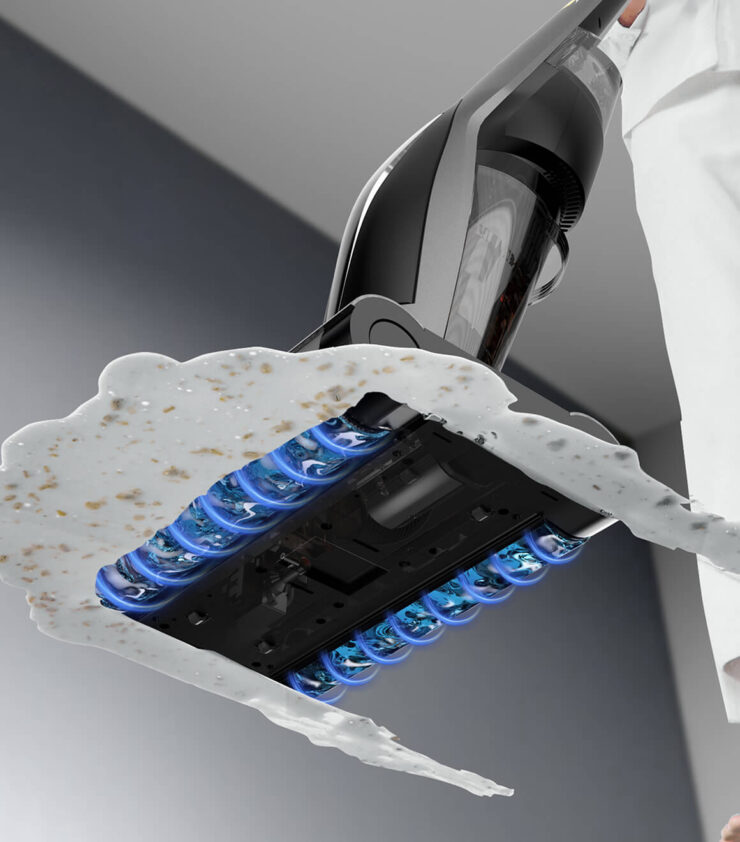 Беспроводной пылесос с влажной уборкой. Система с двумя валиками позволяет убирать как жидкость, так и сыпучий мусор. Беспроводной пылесос с влажной уборкой. Система с двумя валиками позволяет убирать как жидкость, так и сыпучий мусор. Фото.