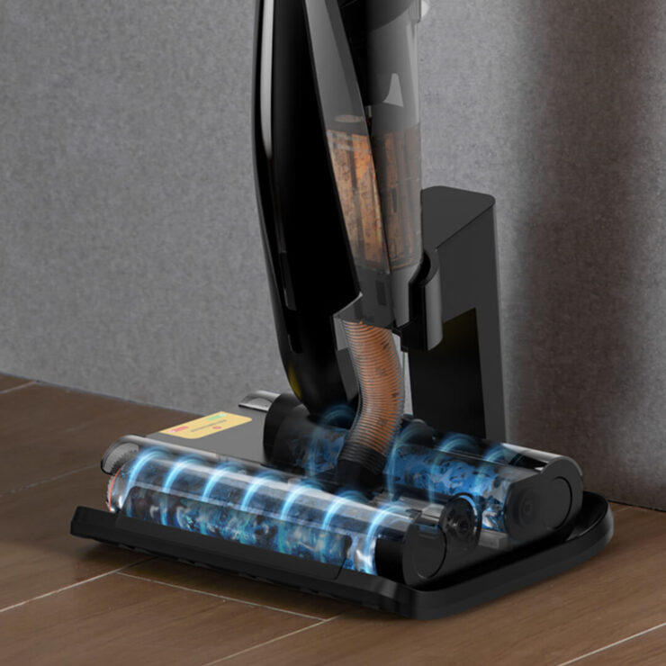 Беспроводной пылесос с влажной уборкой. Станция компактная, и ее можно разместить даже в небольшой комнате. Беспроводной пылесос с влажной уборкой. Станция компактная, и ее можно разместить даже в небольшой комнате. Фото.