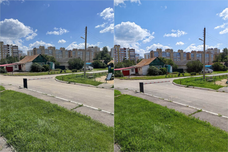 Смартфон с быстрой зарядкой. Слева — iPhone 12, справа — Huawei Nova 11 Pro. Кажется, будто Айфон чуть лучше отработал на тенях облаков. Фото.