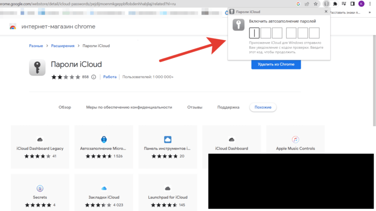 Пароли iCloud в Chrome. Код находится в черном прямоугольнике. При попытке сделать скриншот он закрашивается автоматически. Фото.