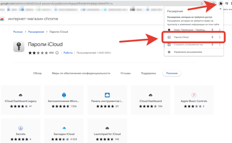 Пароли iCloud в Chrome. Не забудьте активировать установленное расширение. В противном случае подставить пароли из iCloud вы не сможете. Фото.